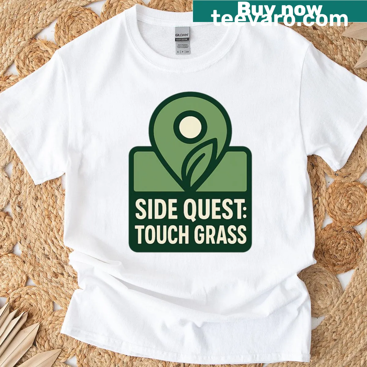 Playful gamer parody design t-shirt about touching grass — on a men's t-shirt