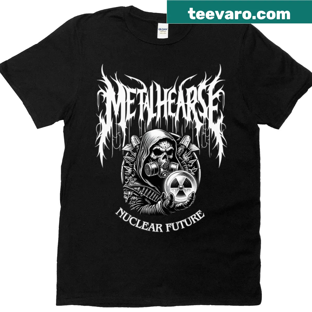 Black metal T-shirt featuring a sinister hearse graphic — on a men's t-shirt