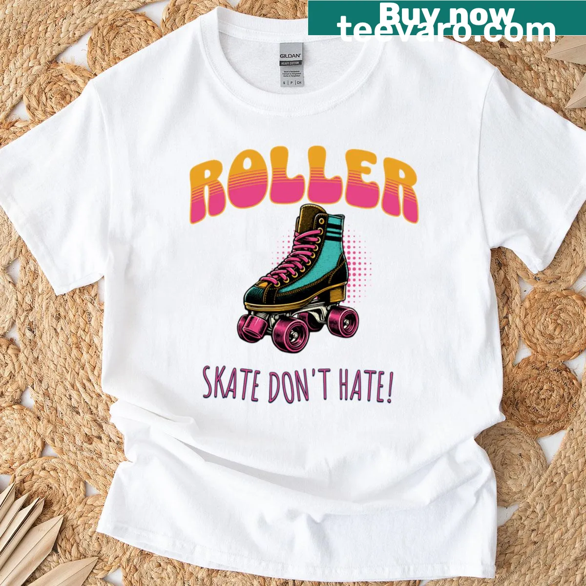 Positive 'Skate Dont Hate' roller skate meme t-shirt — on a men's t-shirt
