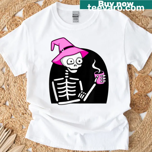 Skeleton in a pink witch hat drinking coffee, Halloween theme