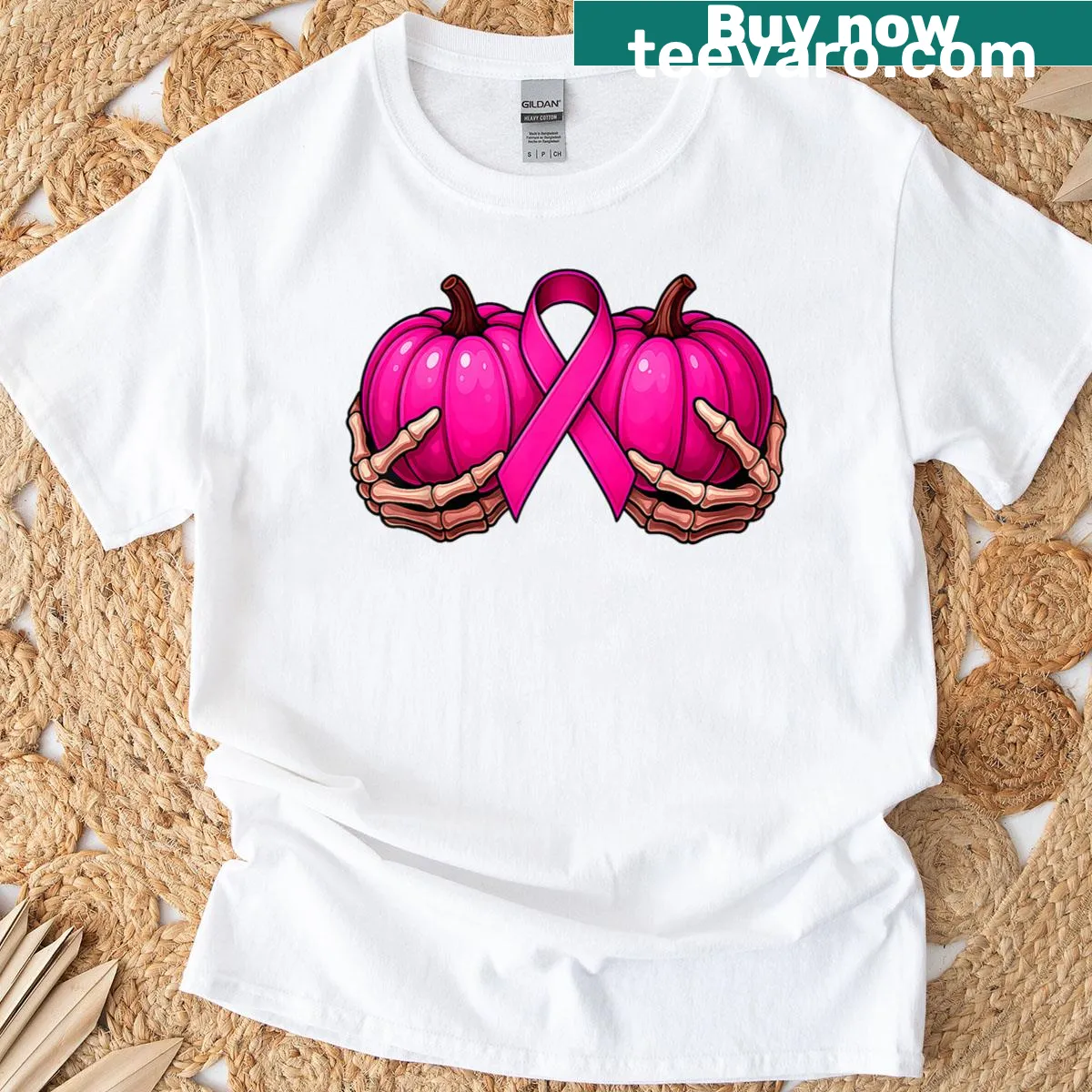 Graphic shirt with a skeleton hand holding a pumpkin for awareness — on a men's t-shirt
