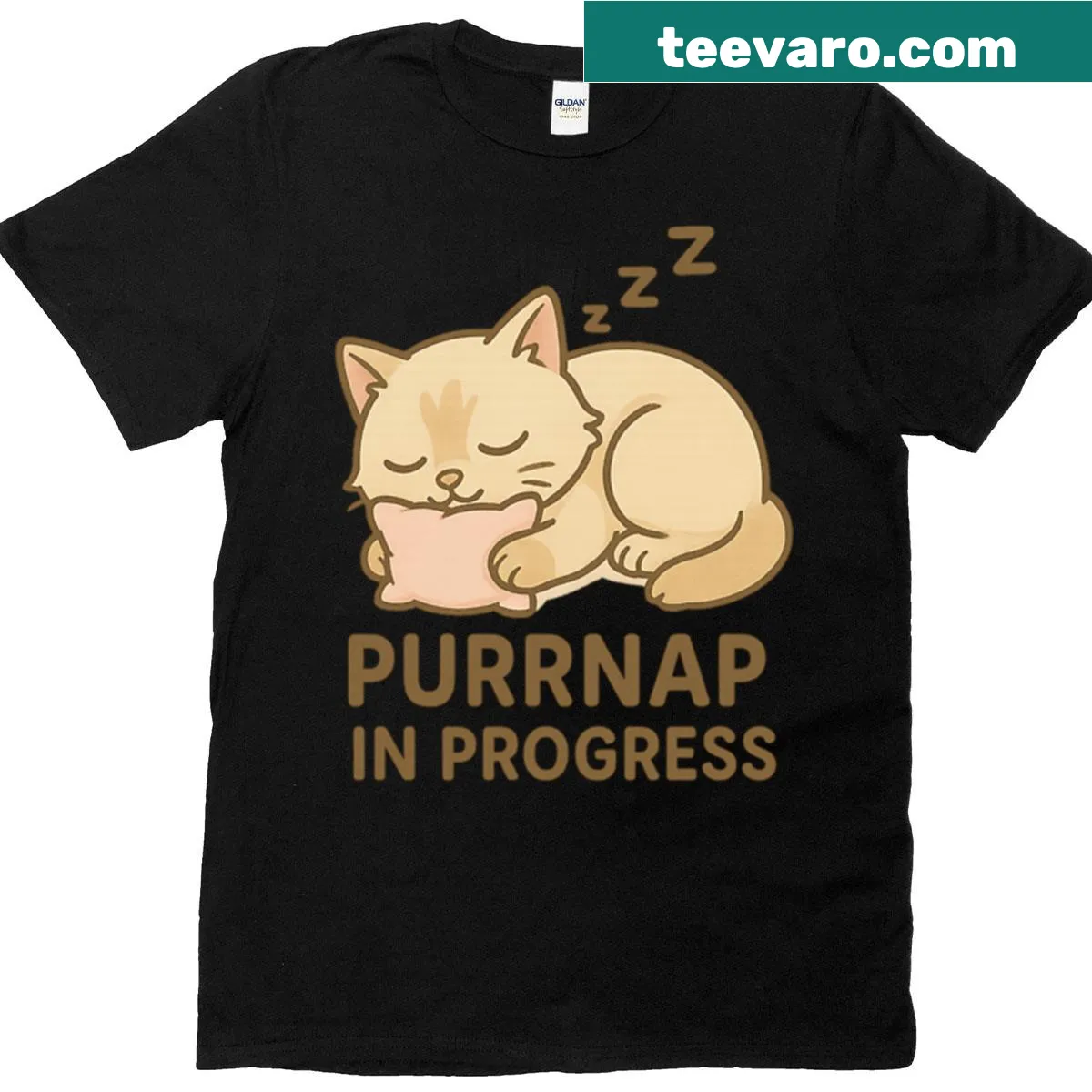 Illustrated shirt featuring a sleeping cat and 'Purrnap In Progress' text — on a men's t-shirt
