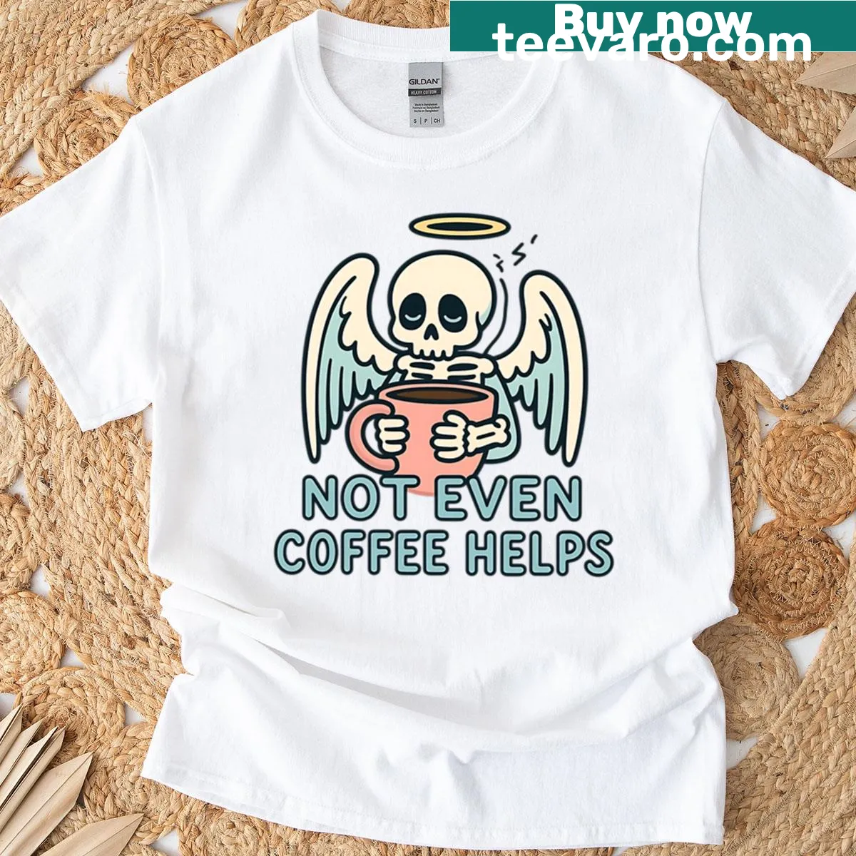 Skeleton character enjoying coffee on a humorous t-shirt — on a men's t-shirt