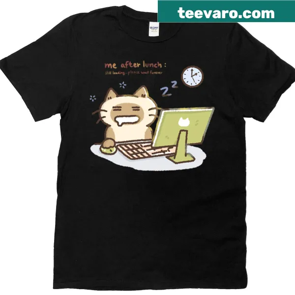 Funny T-shirt with a graphic of a sleepy cat after lunch