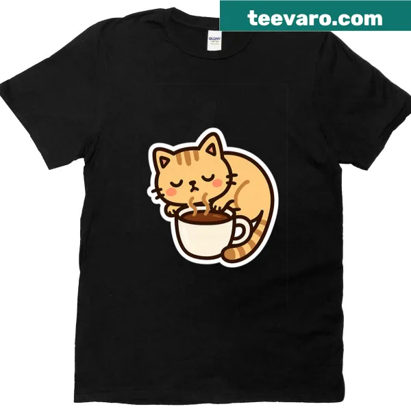 Cute T-shirt with a sleepy cat hugging a coffee cup graphic