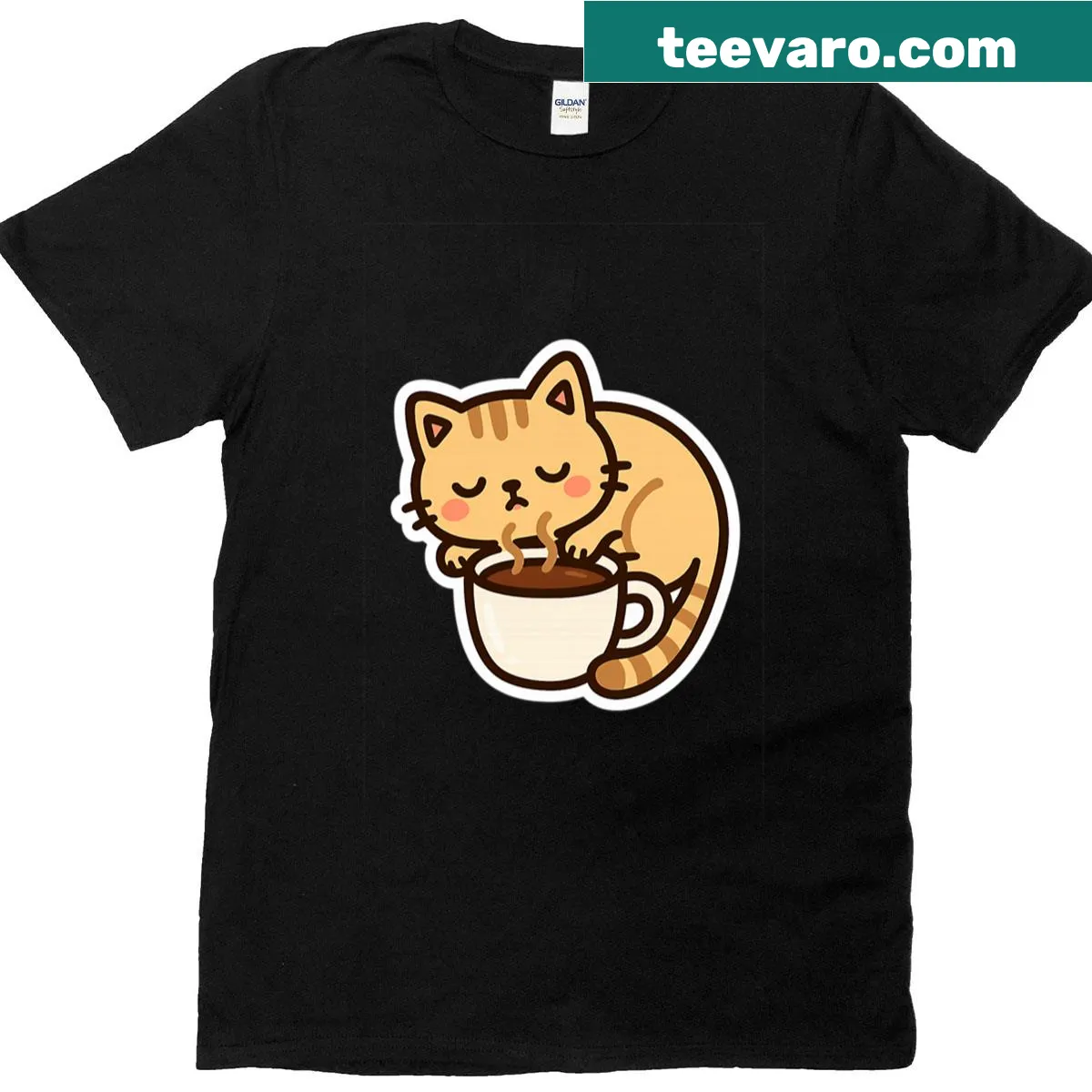 Cute T-shirt with a sleepy cat hugging a coffee cup graphic — on a men's t-shirt