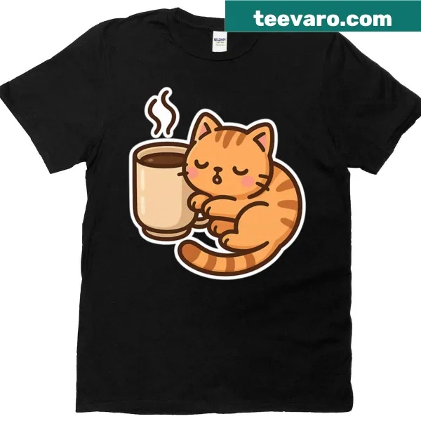 Charming graphic of a sleepy cat next to a coffee cup on a t-shirt
