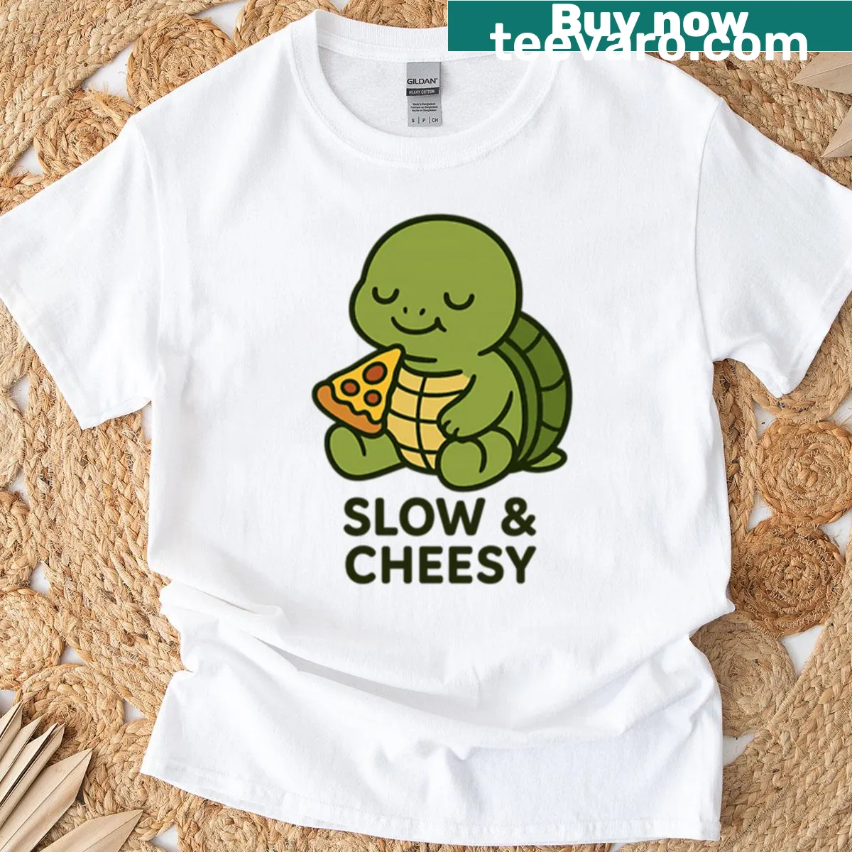 Cute turtle with a slice of pizza design on a t-shirt — on a men's t-shirt