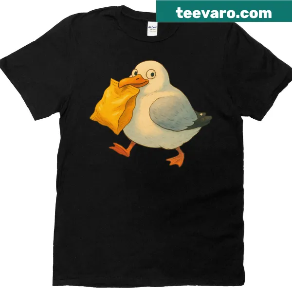 Playful oversized shirt featuring a cartoon seagull ready to steal snacks