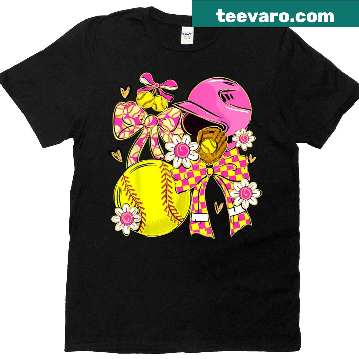 Softball mom shirt with team spirit bow design — on a men's t-shirt