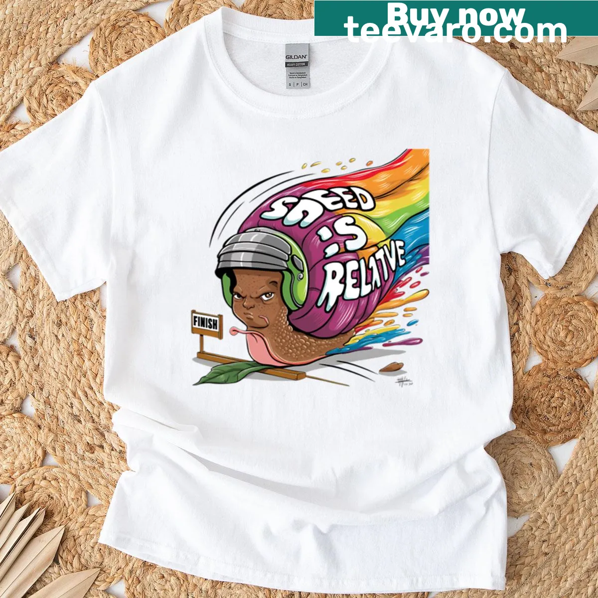 Illustration of a racing snail on a humorous T-shirt. — on a men's t-shirt