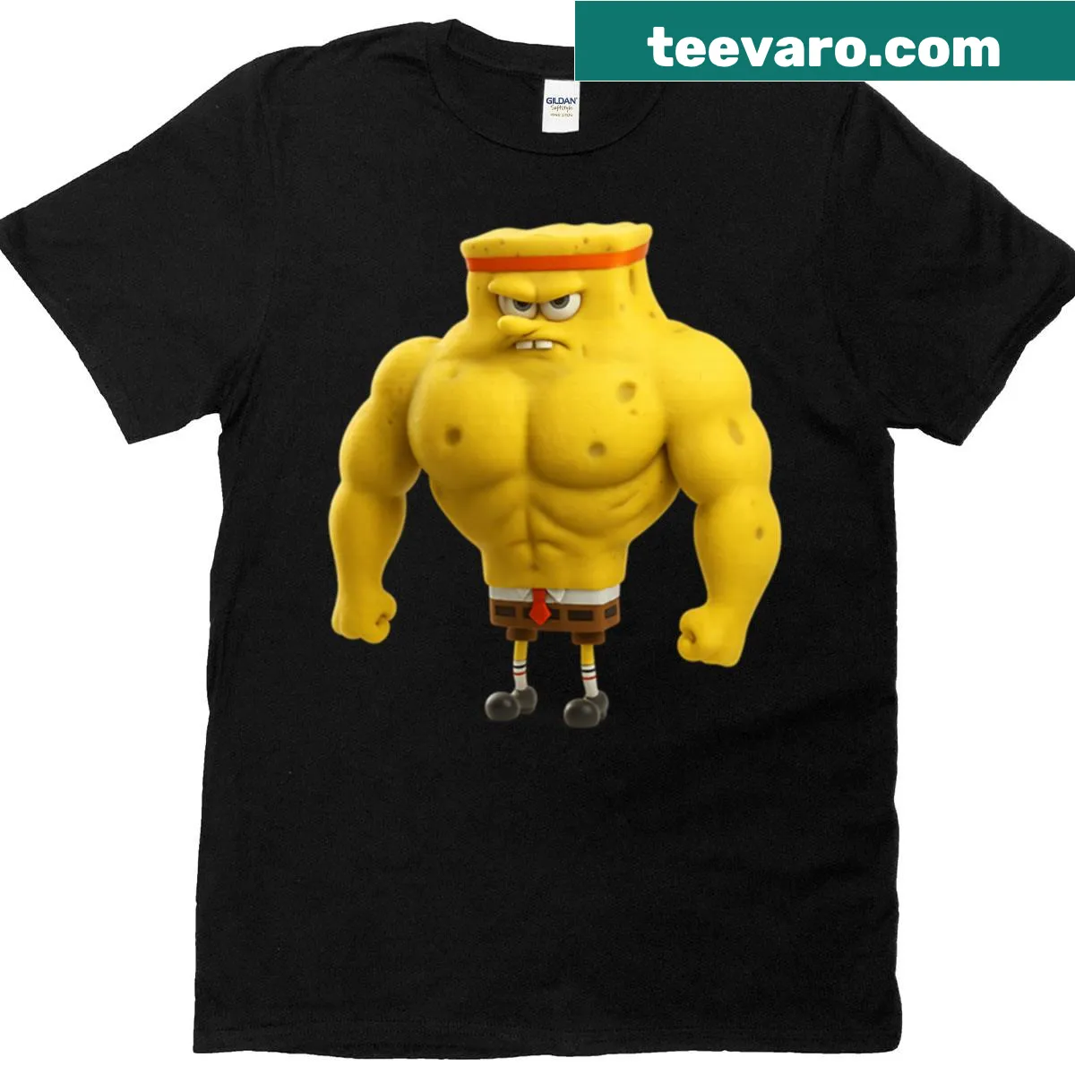 Cartoon Spongebob flexing muscles against Patrick in a playful design — on a men's t-shirt
