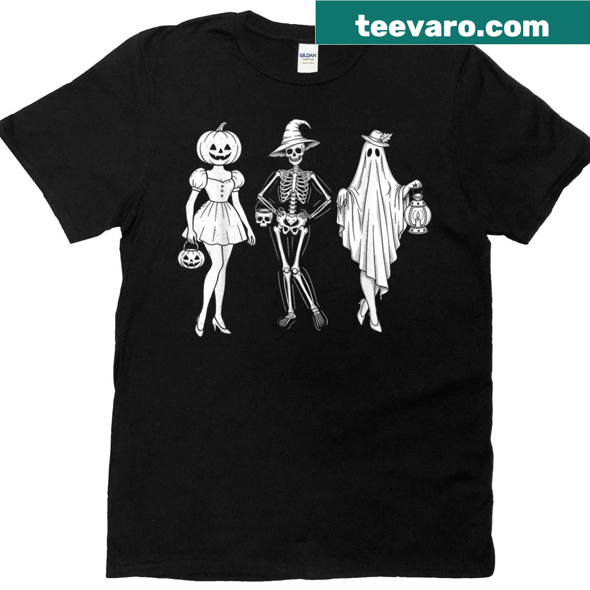 Halloween squad design featuring skeletons, ghosts, and pumpkins — on a men's t-shirt
