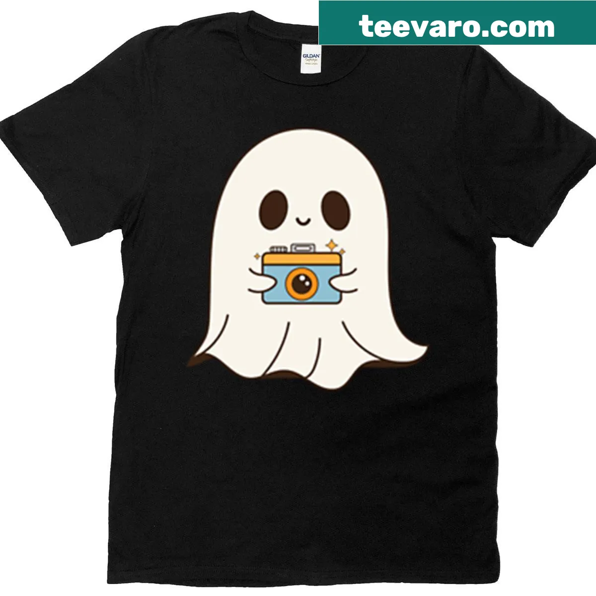 Cute Halloween design t-shirt featuring a ghost photographer — on a men's t-shirt