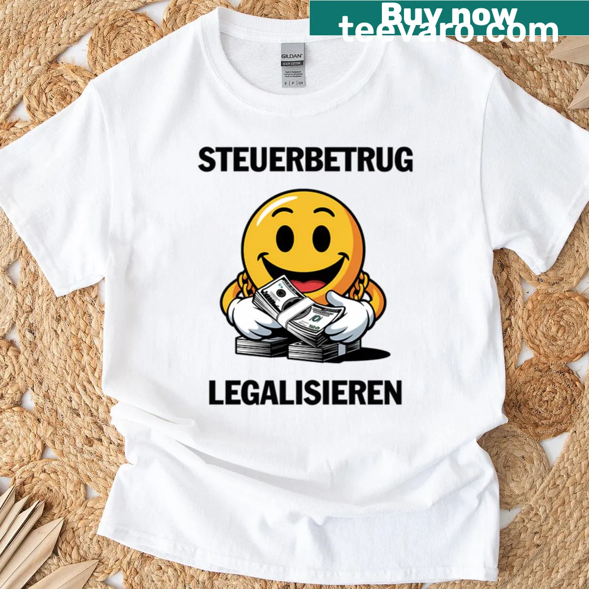 T-shirt featuring 'Steuerbetrug Legalisieren' phrase with funny emojis — on a men's t-shirt