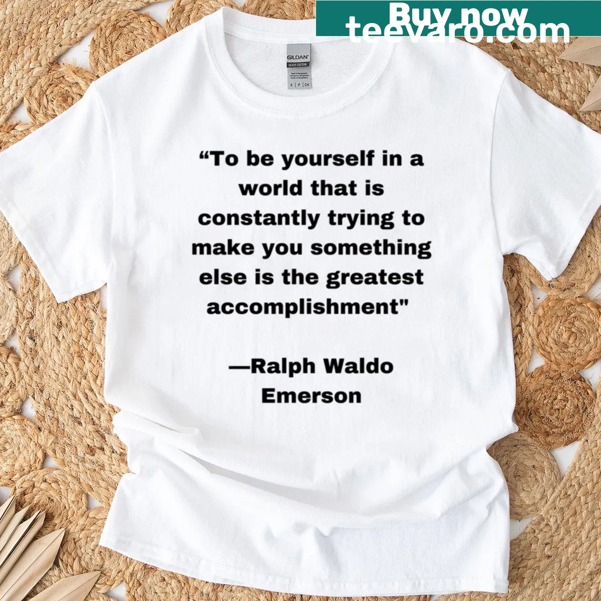 Inspirational t-shirt with hand-lettered Ralph Waldo Emerson quote — on a men's t-shirt