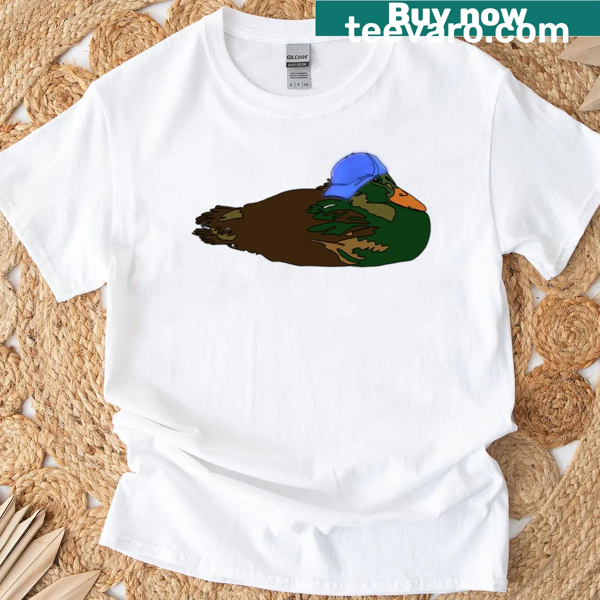 Cartoon duck wearing a backwards blue cap on a T-shirt — on a men's t-shirt