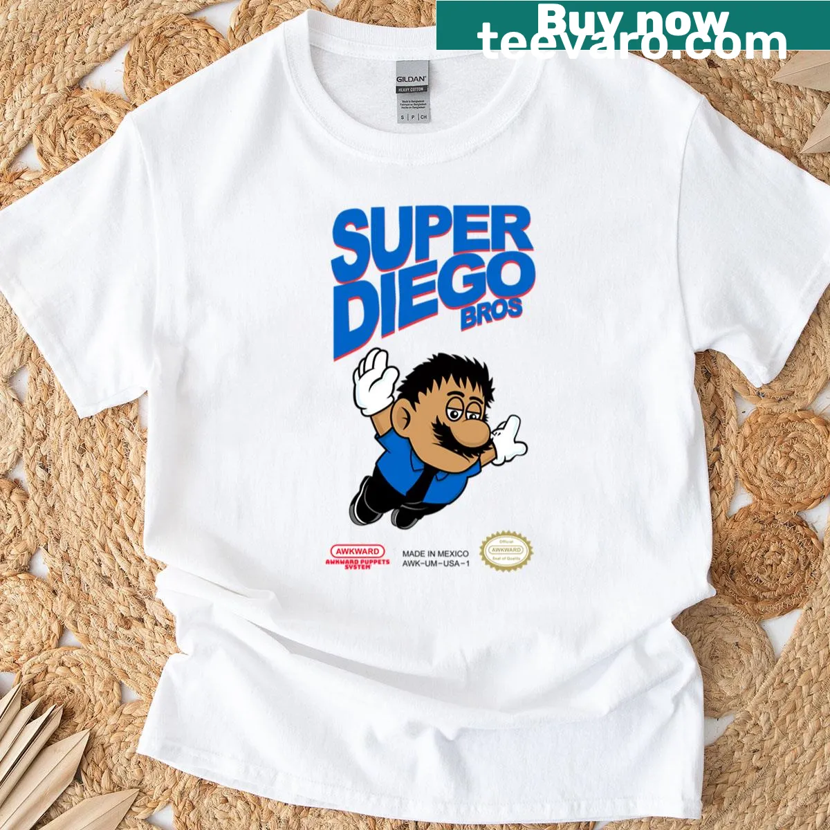 Cartoon-style t-shirt inspired by classic video games. — on a men's t-shirt