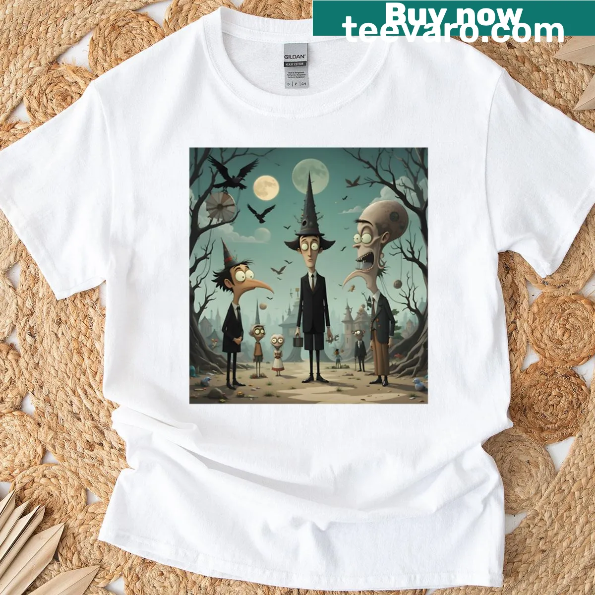 Surreal t-shirt featuring noir figures in dramatic city settings — on a men's t-shirt