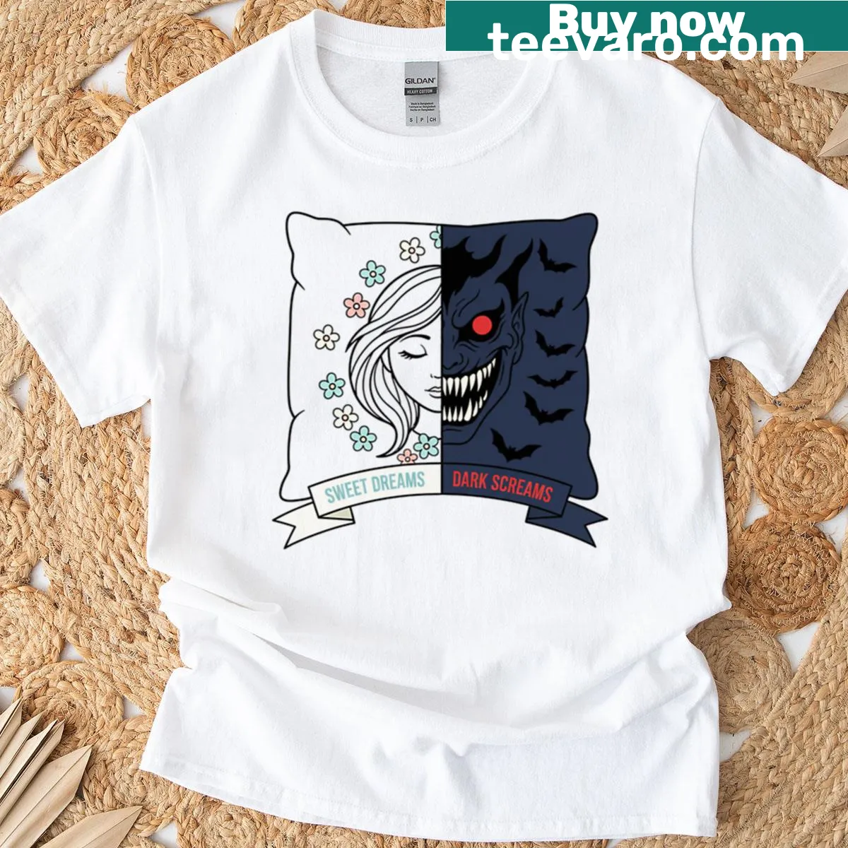 Pillow graphic with the phrase Sweet Dreams Dark Screams — on a men's t-shirt