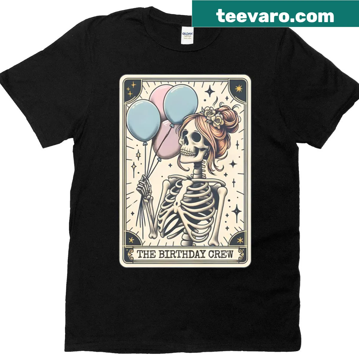 Illustrative tarot card design celebrating the Birthday Crew — on a men's t-shirt