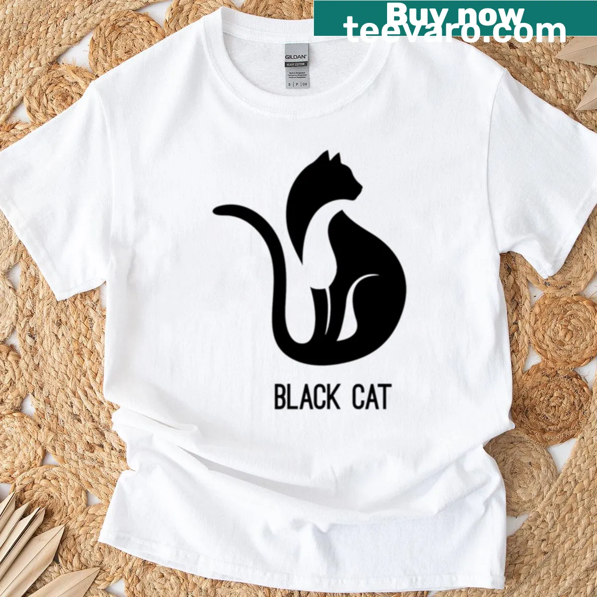 Illustration of a charming black cat design — on a men's t-shirt