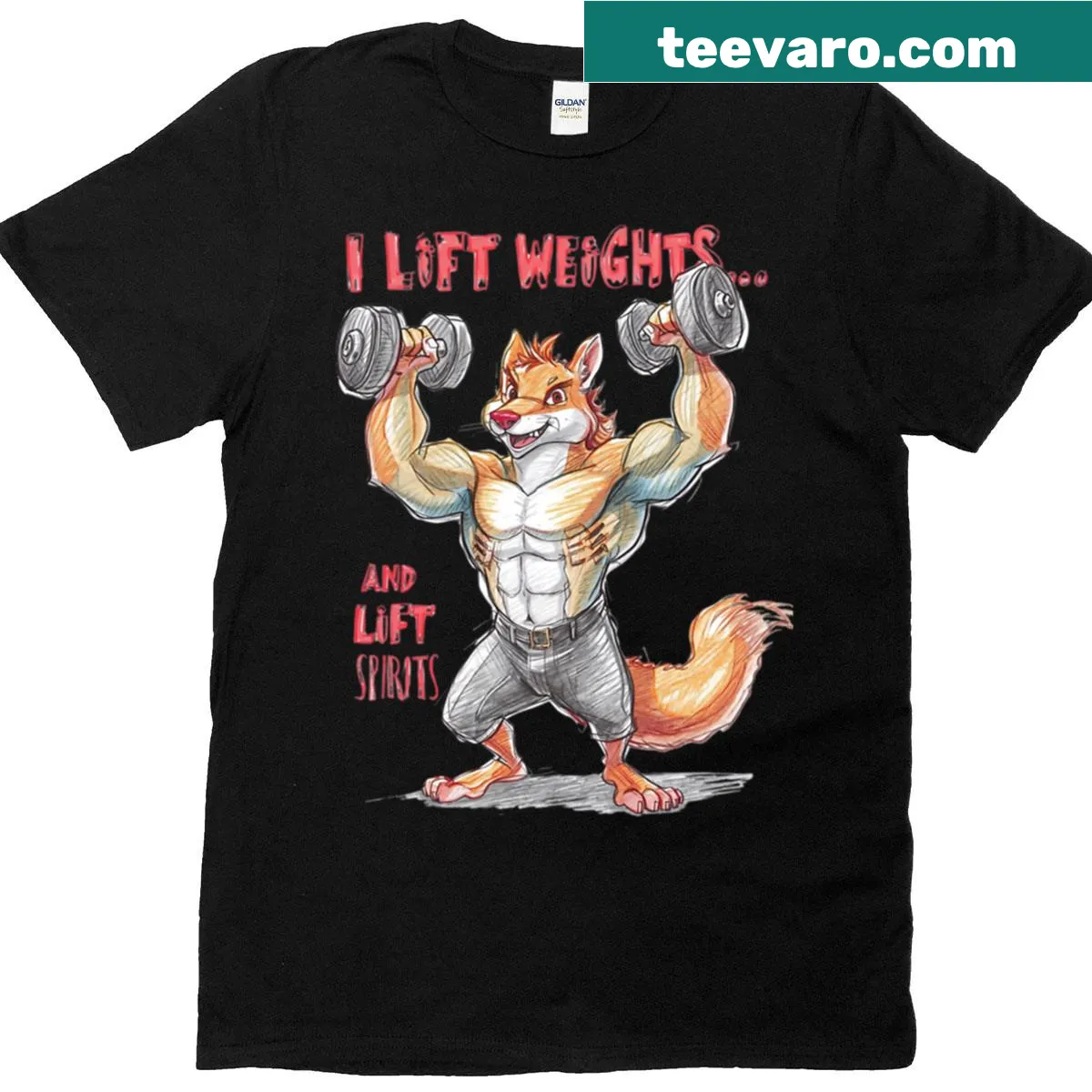 Cheerful fox lifting weights with humorous text graphic — on a men's t-shirt