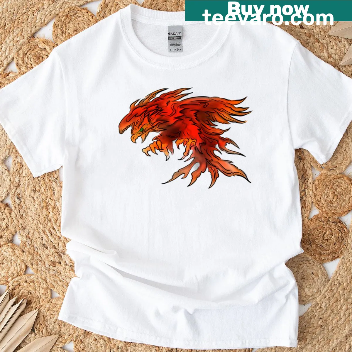 Illustration of a fiery bird in flight on a fantasy T-shirt — on a men's t-shirt