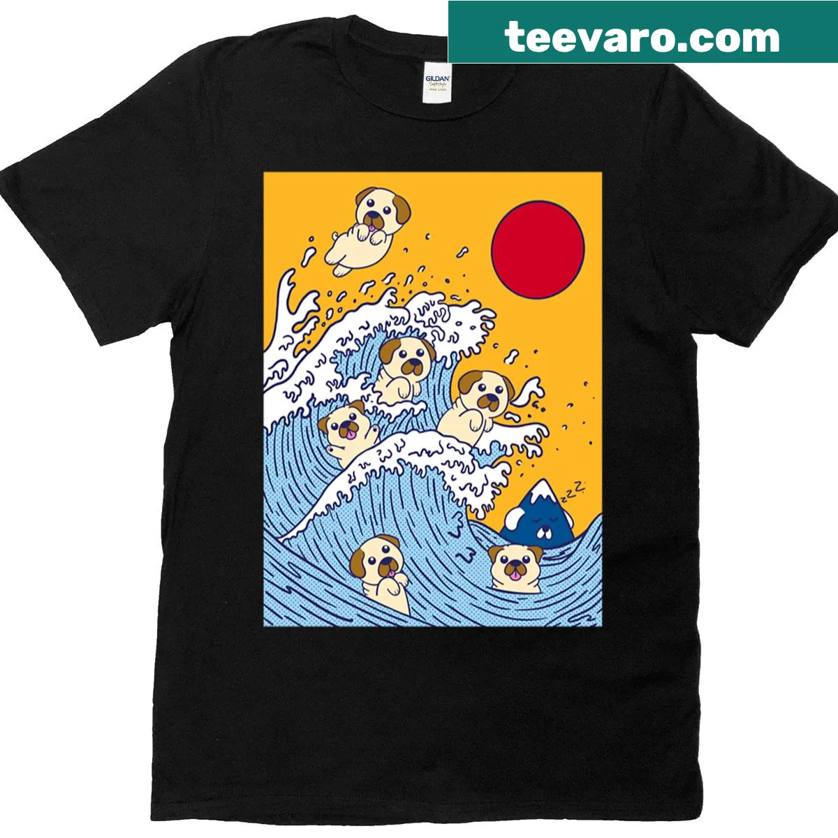 Pug-themed T-shirt featuring a wave inspired by Hokusai's art — on a men's t-shirt