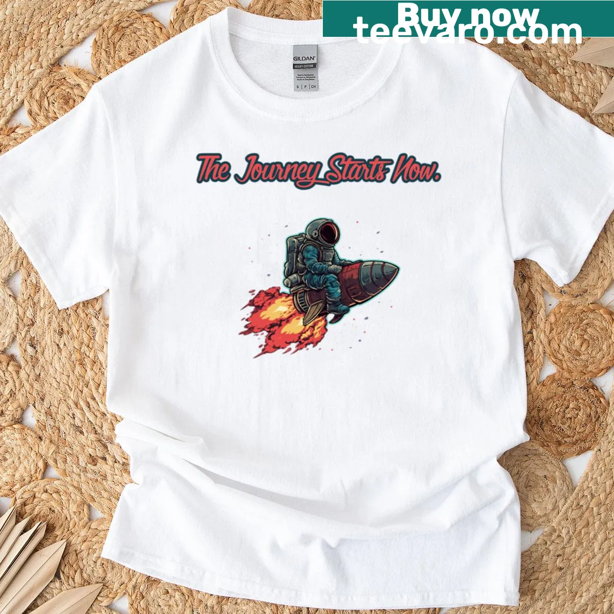 Inspirational 'The Journey Starts Now' printed T-shirt — on a men's t-shirt