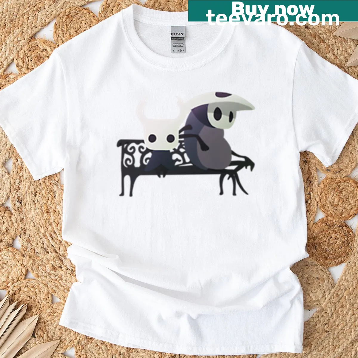 Hollow Knight themed t-shirt featuring a knight and Quirrel — on a men's t-shirt