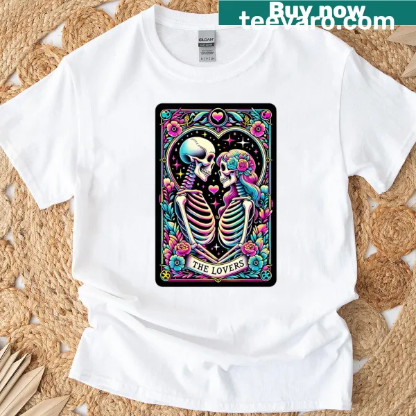 Illustrated t-shirt featuring the Lovers tarot card design