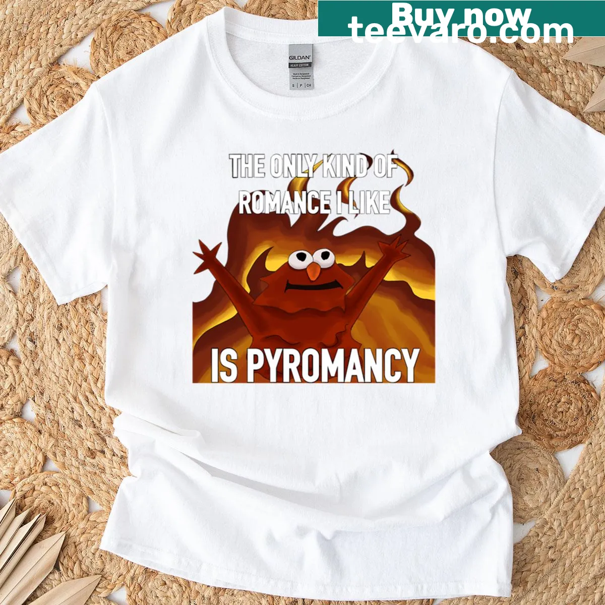 T-shirt with white text reading 'The Only Kind Of Romance I Like Is Pyromancy' — on a men's t-shirt