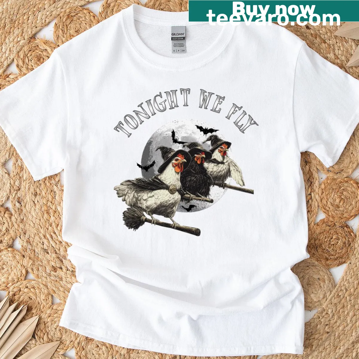 Funny Halloween T-shirt with chickens dressed as witches — on a men's t-shirt