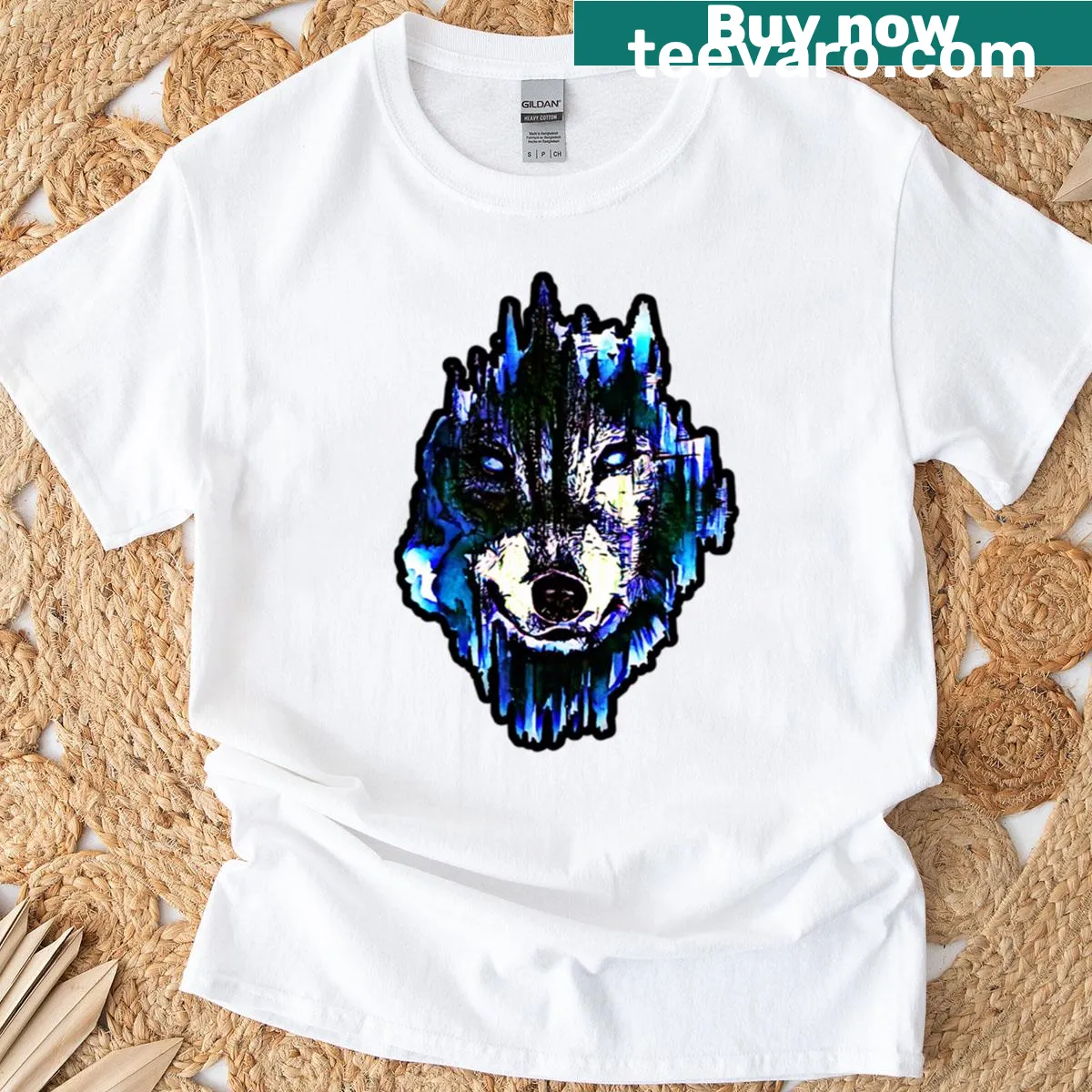 Playful illustration of a wolf named Toto on a t-shirt — on a men's t-shirt