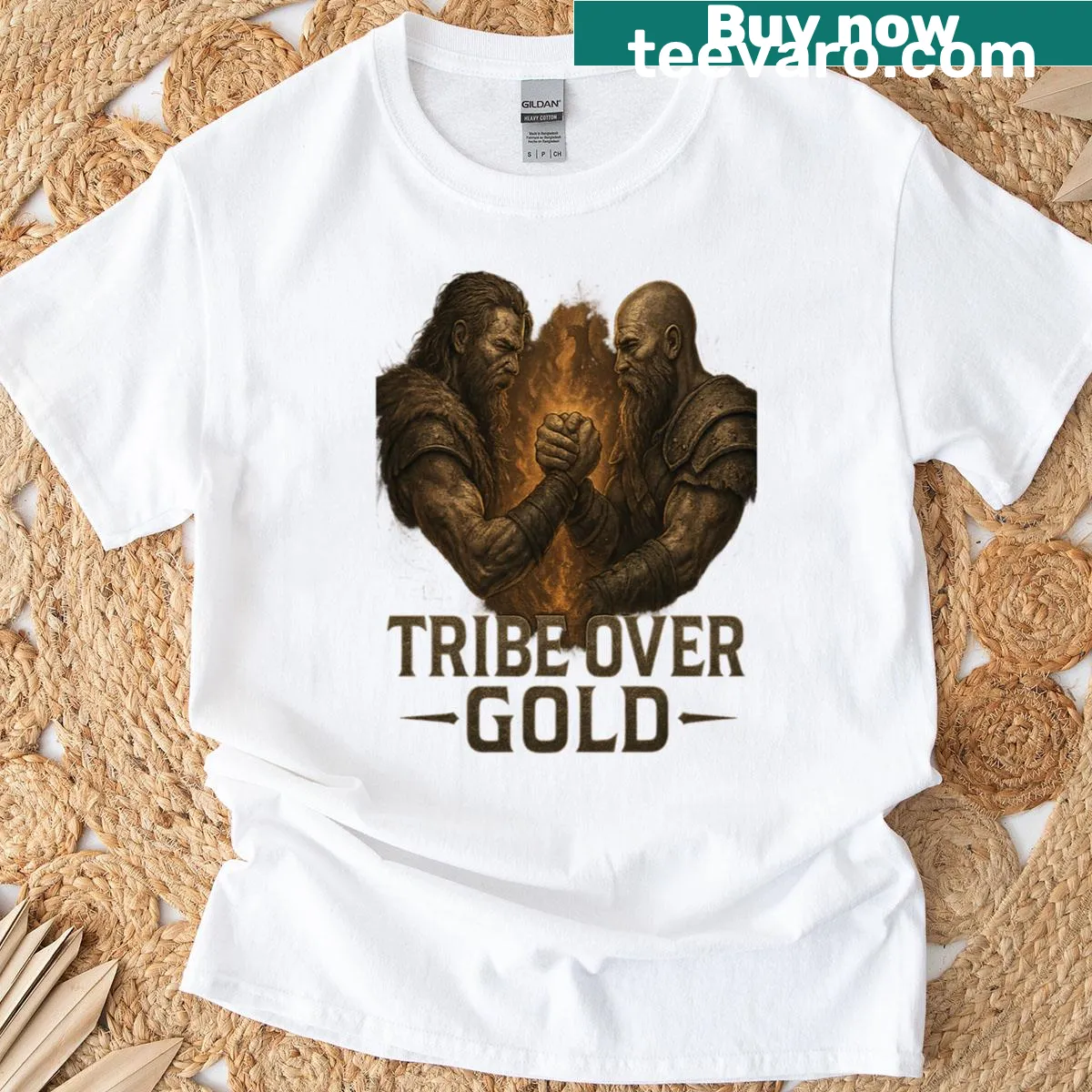 Viking-themed t-shirt with Tribe Over Gold Brotherhood emblem — on a men's t-shirt