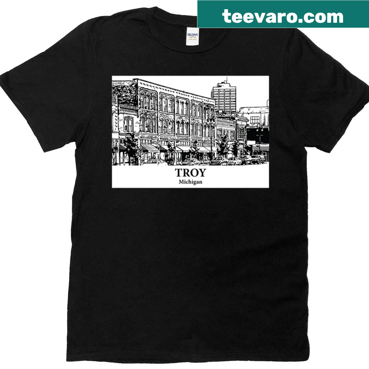 Troy Michigan shirt with local landmarks illustration — on a men's t-shirt