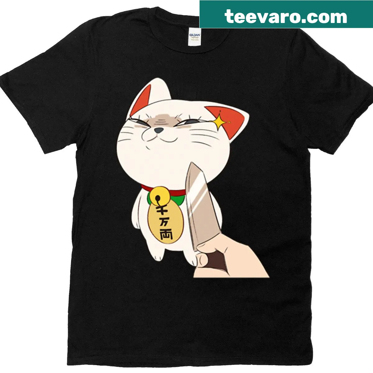 Funny Turbo Granny Knife Cat t-shirt with a cartoon cat and knife illustration. — on a men's t-shirt