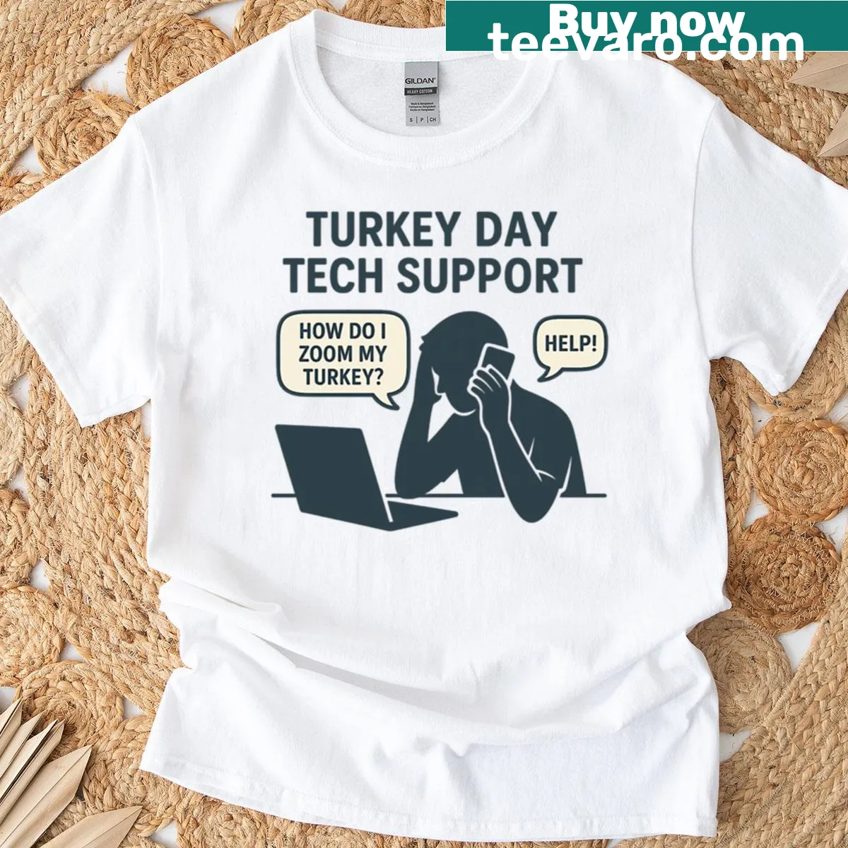 Humorous Thanksgiving shirt with tech support theme — on a men's t-shirt