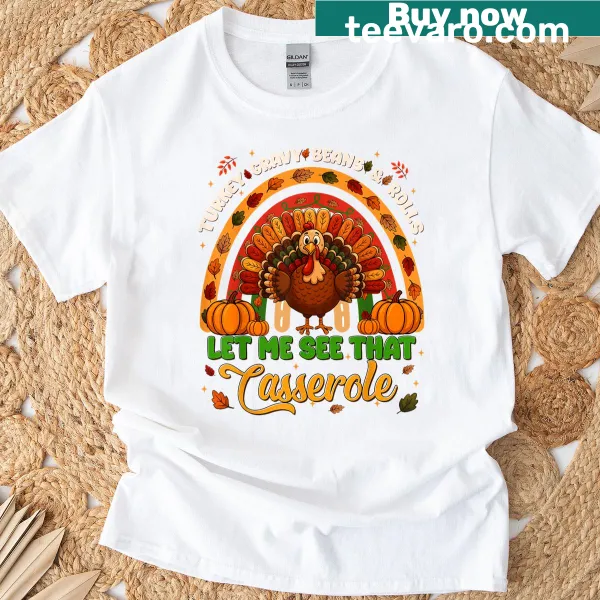 Funny Thanksgiving T-shirt with illustrations of turkey and other dishes