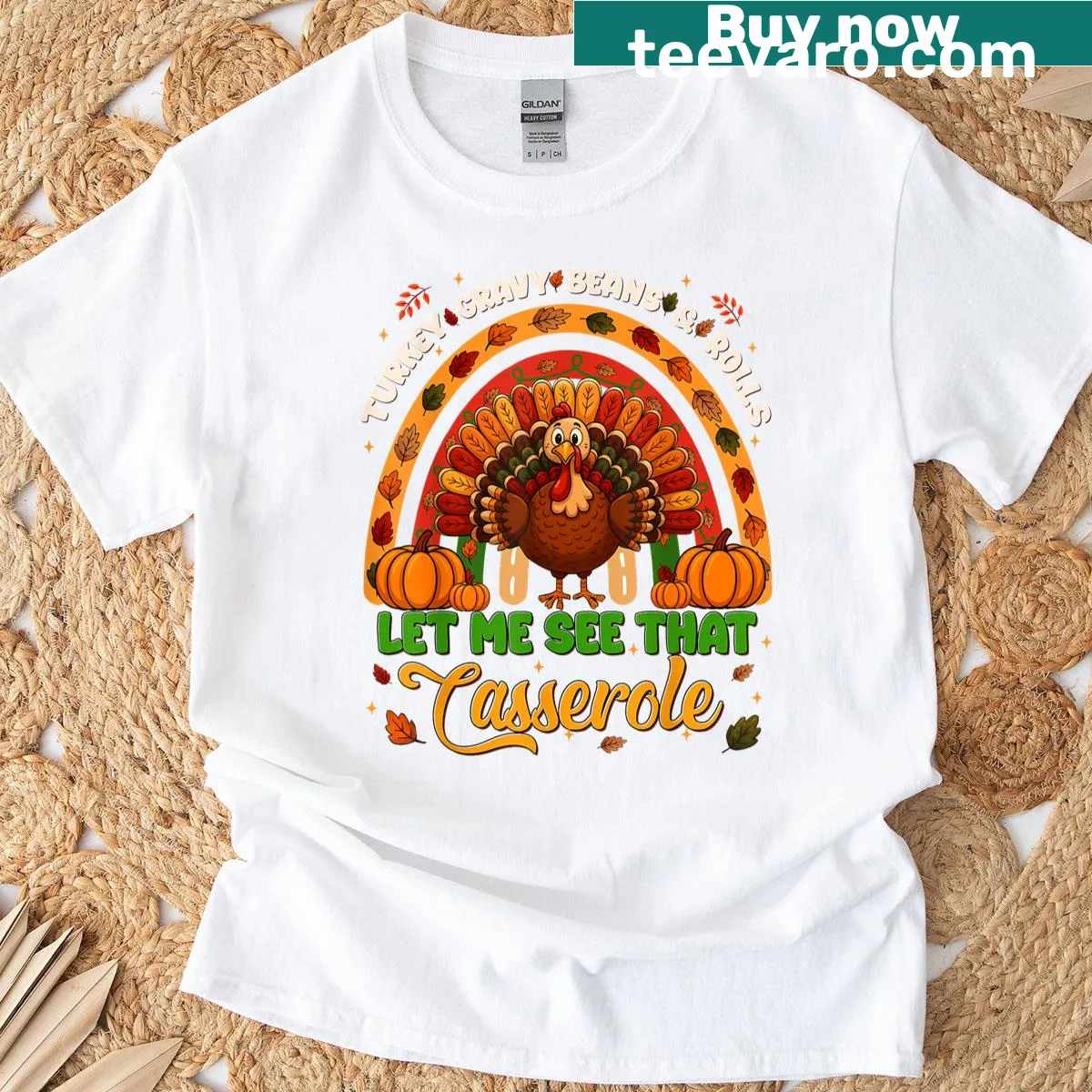 Funny Thanksgiving T-shirt with illustrations of turkey and other dishes — on a men's t-shirt
