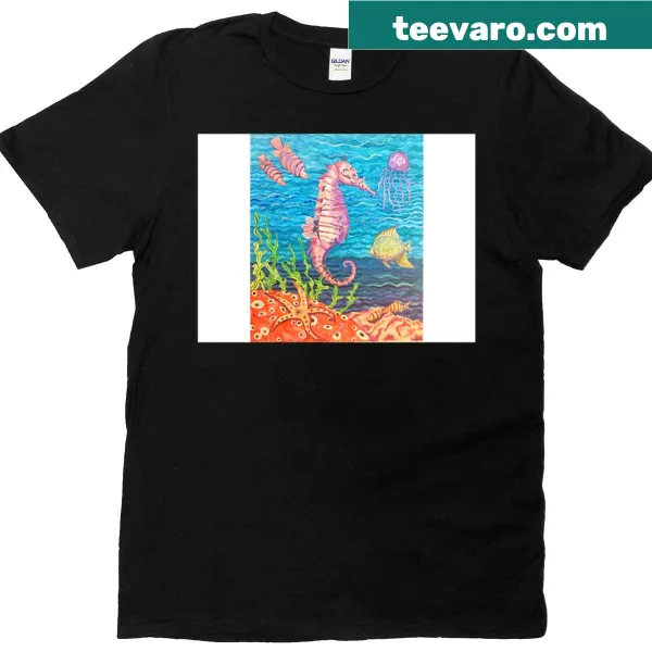 T-shirt depicting a serene underwater scene with marine life