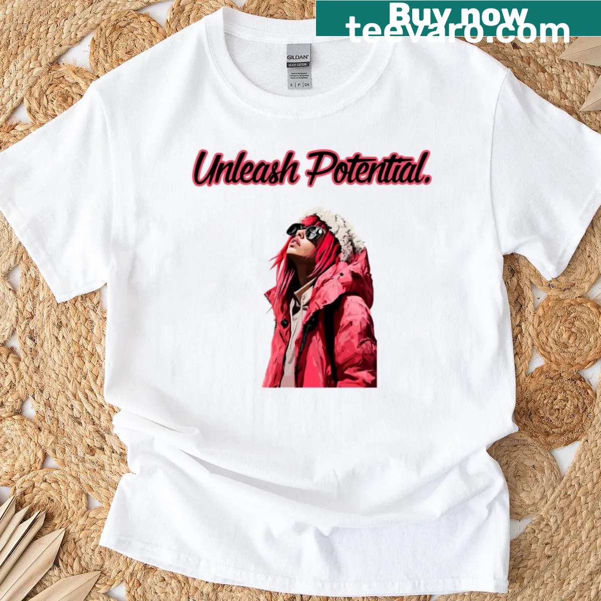 Empowering Unleash Potential t-shirt with bold typography — on a men's t-shirt
