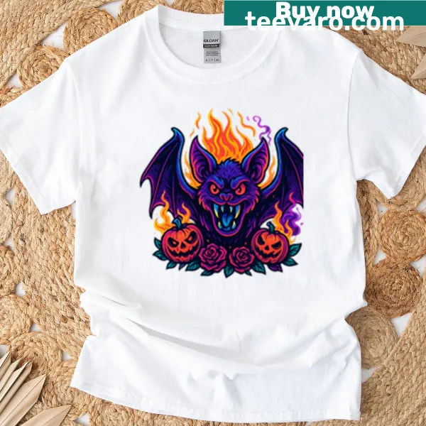 Oversized T-shirt featuring cute cartoon vampire bat design for Halloween.