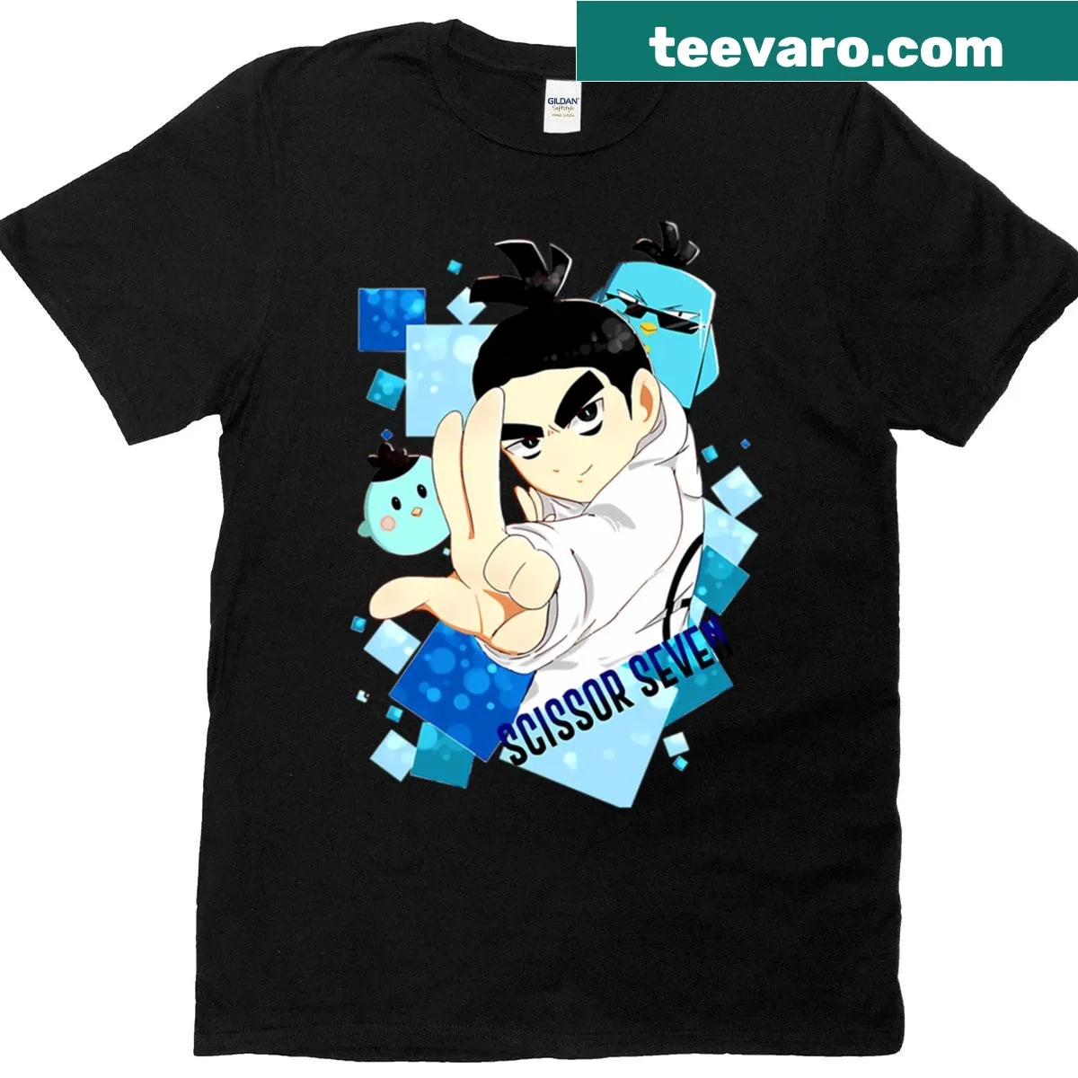 Cartoon assassin ninja with scissors on a humorous shirt design. — on a men's t-shirt
