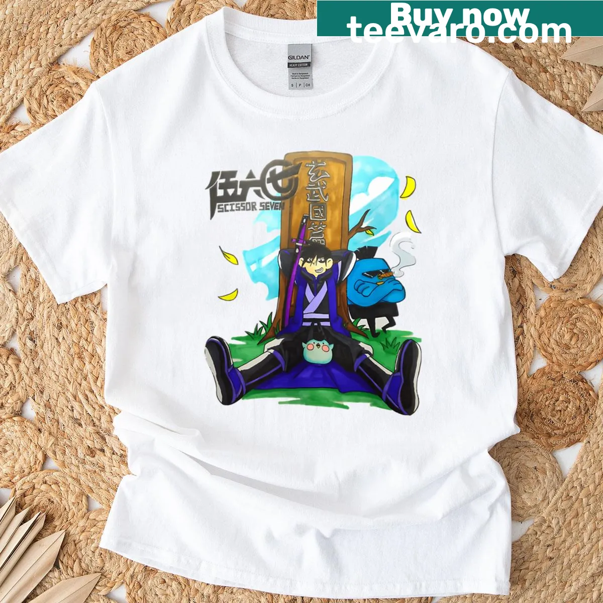 Funny vintage T-shirt featuring a cartoon ninja with scissors — on a men's t-shirt