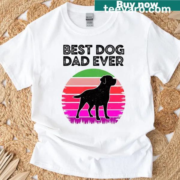 Retro sunset circle design with 'Dog Dad' text and dog silhouette