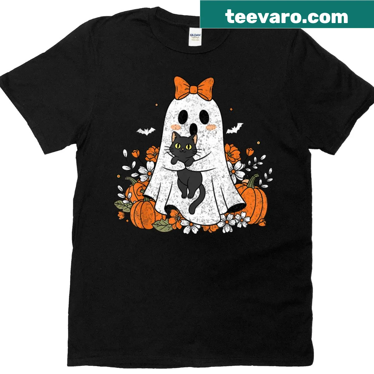 Cartoon ghost cat on a Halloween-themed funny t-shirt. — on a men's t-shirt