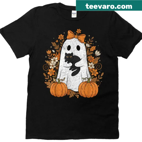 Cartoon design of a ghost cat for Halloween on a shirt.