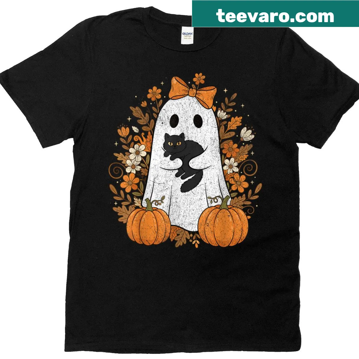 Cartoon design of a ghost cat for Halloween on a shirt. — on a men's t-shirt